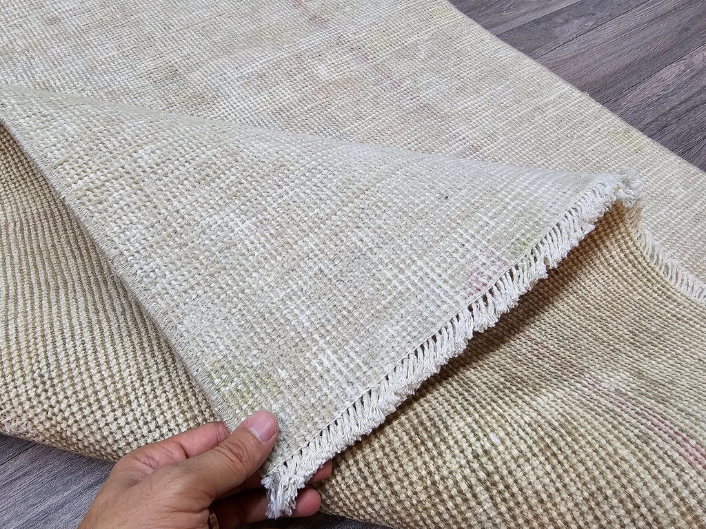 Neutral Turkish Oushak Runner Rug: Vintage Wool Hallway Carpet (3.30x11.90 feet)