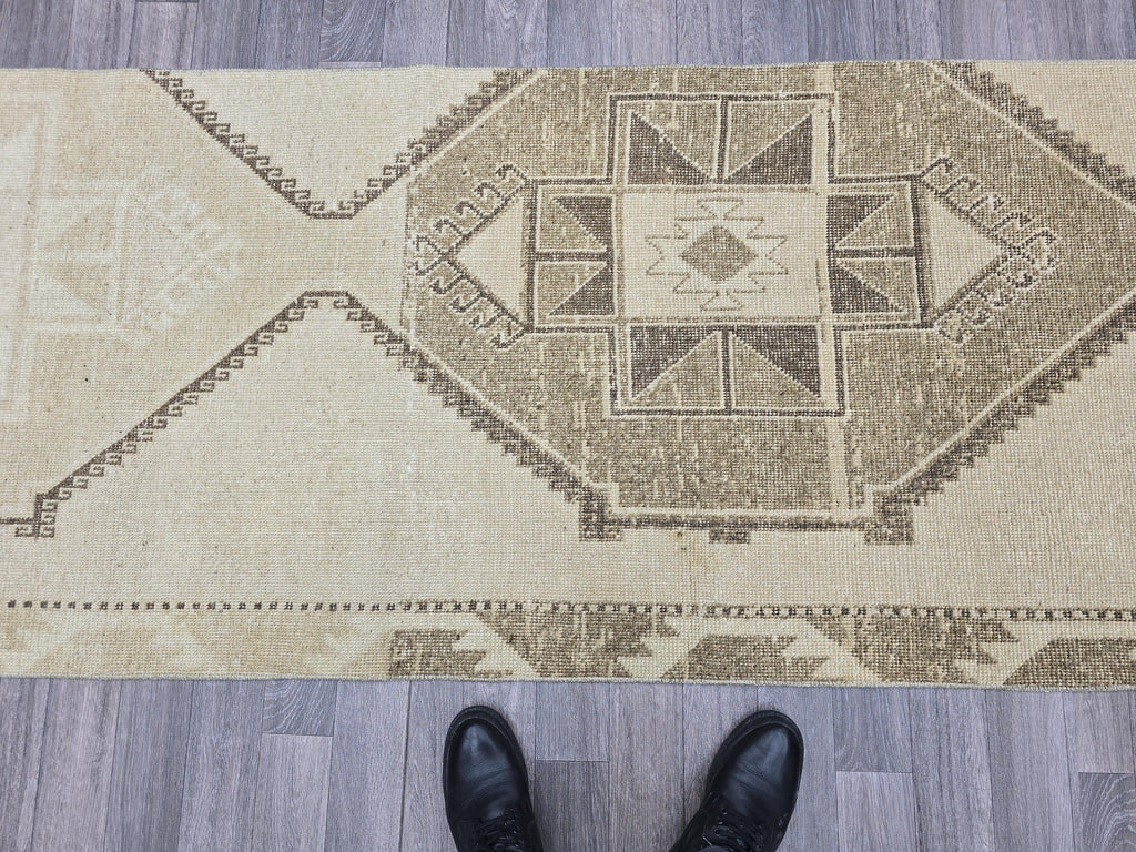 Vintage Anatolian Runner Rug: Cream Beige Wool Hallway Carpet, 3x13 Boho Rug