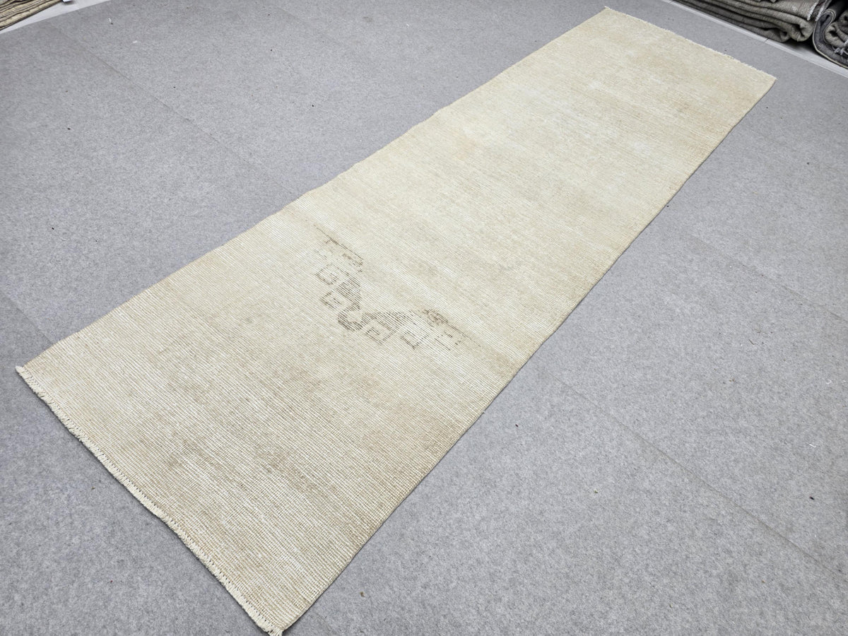 Vintage Runner Rug 3.5x11, Ivory Oushak Hallway Runner, Minimal Plain Wool Corridor Rug, Wide Cream Stair Runner for Bedroom Decor