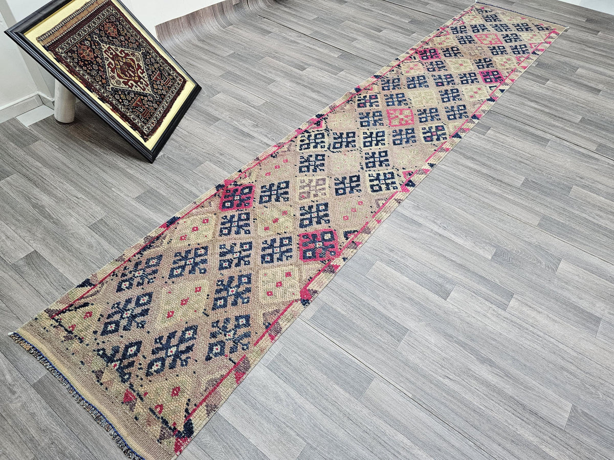 Hand Knotted Wool Runner Rug: Vintage Turkish Herki, 2.40x13 ft