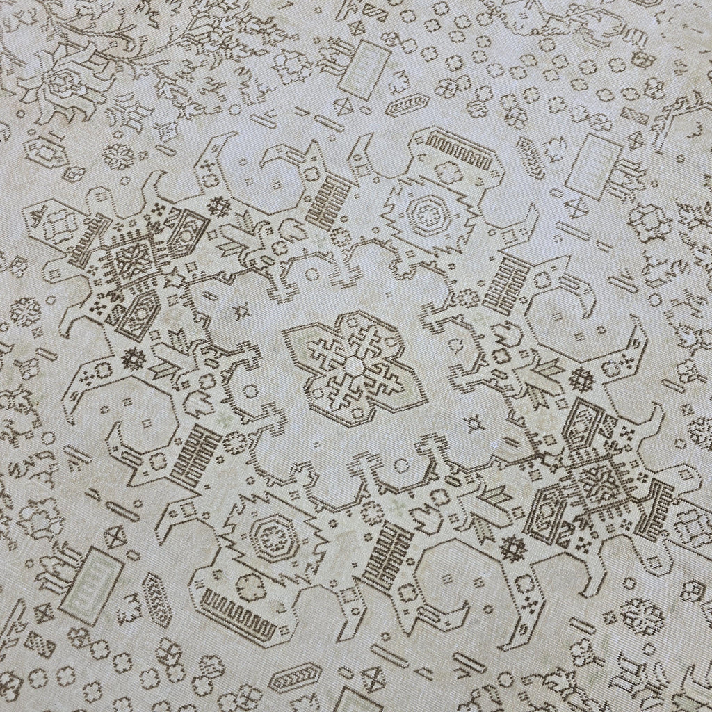 Oushak Rug 8x11: Vintage Turkish Wool Area Rug, Neutral Distressed Geometric