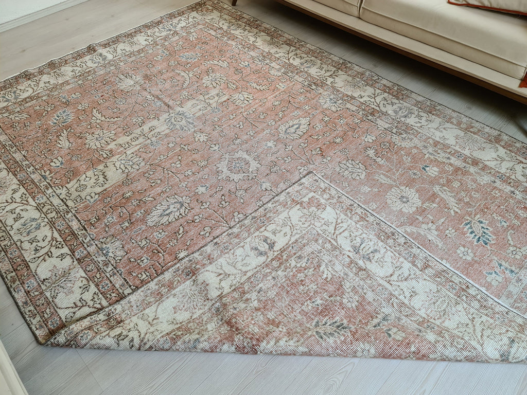7x10 Vintage Turkish Rug: Hand knotted Wool Oushak area Rug -  6.8 x 9.9 ft, Organic Wool