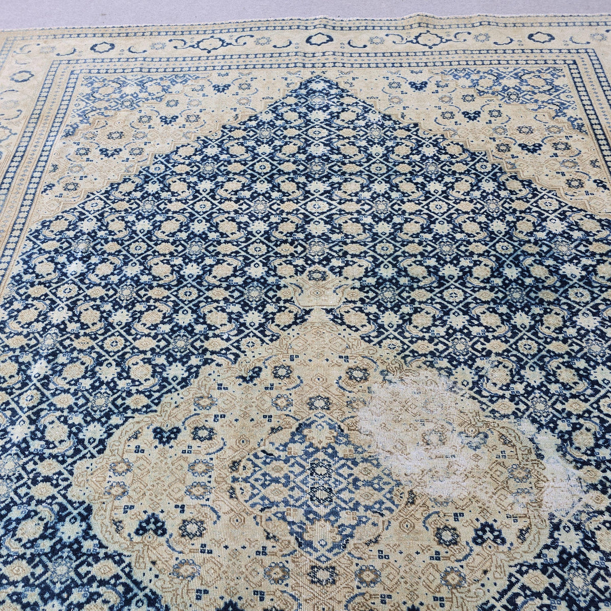 Wool 9x12 Oushak Rug -  Hand Knotted Wool Turkish Area Carpet Geometric Beige Blue