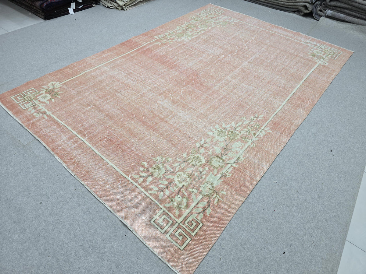 Vintage Rug 7x10, Faded Coral Pink Turkish Carpet, Art Deco Floral Area Rug for Bedroom, Hand Knotted Wool Oushak