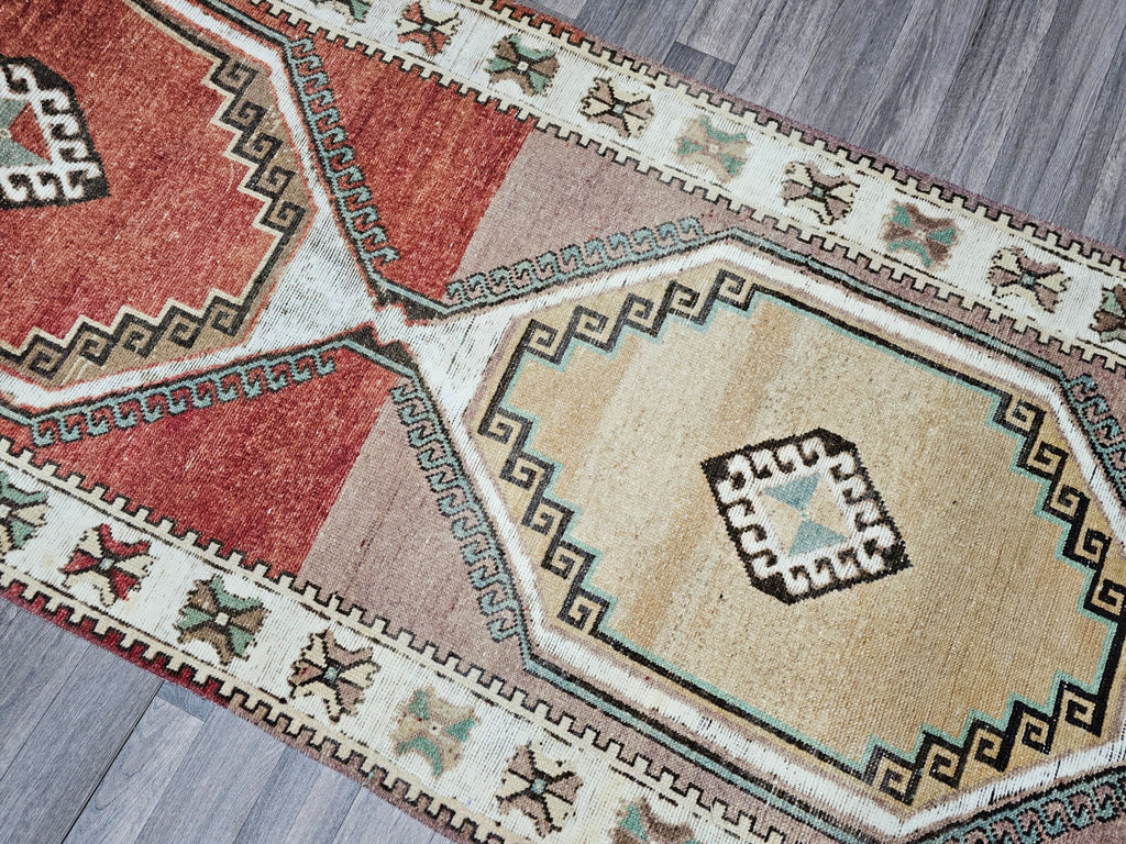 4x14 Vintage Turkish Runner Rug: Handmade Wool Oushak Carpet