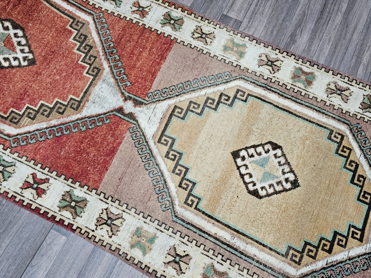 4x14 Vintage Turkish Runner Rug: Handmade Wool Oushak Carpet