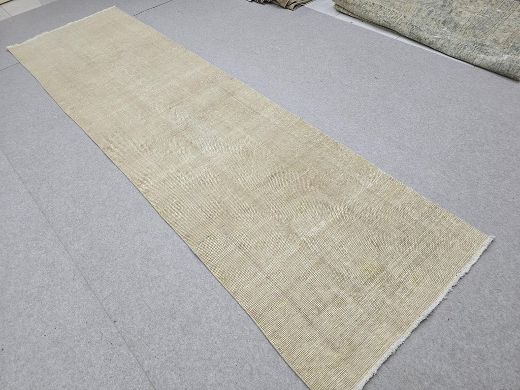 3x12 Oushak Runner Rug, Faded Solid Beige Turkish Wool Hallway Runner, Distressed Minimalist Anatolian Corridor Rug, Neutral Boho Decor