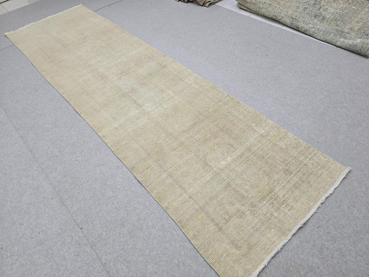 3x12 Oushak Runner Rug, Faded Solid Beige Turkish Wool Hallway Runner, Distressed Minimalist Anatolian Corridor Rug, Neutral Boho Decor