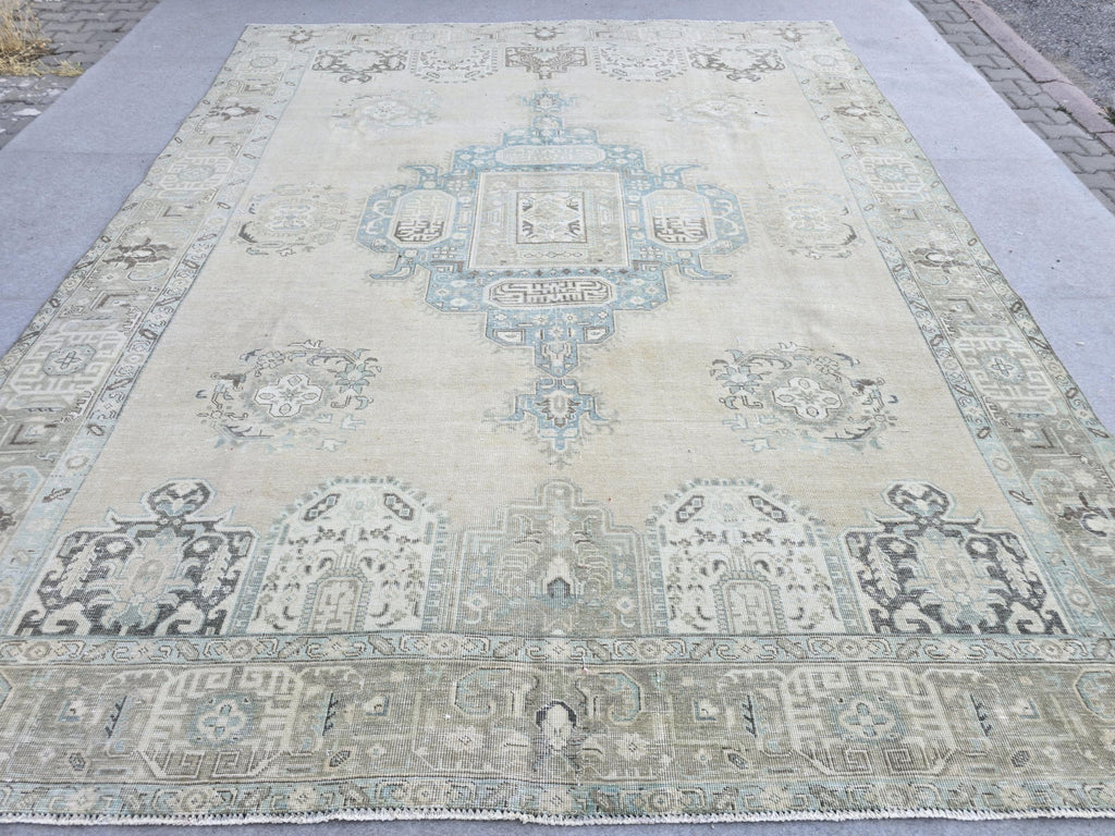 10x12 Turkish Rug Vintage Beige/Cream Blue Hand Knotted Oushak Area Carpet