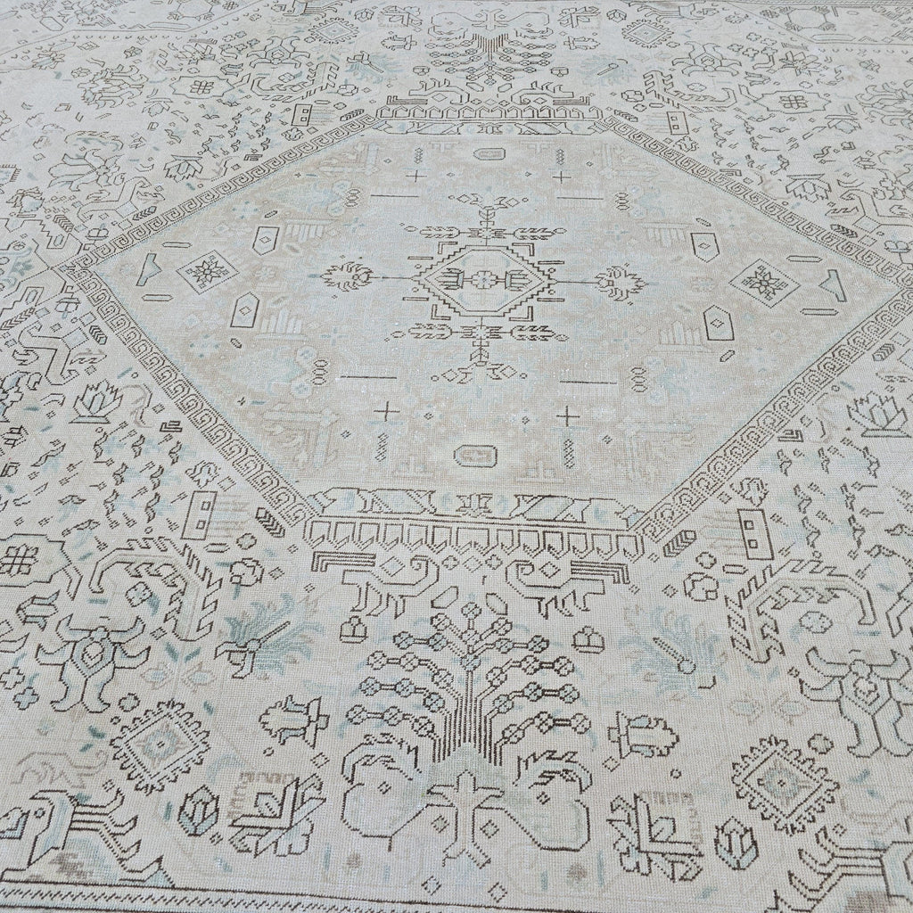 Neutral Anatolian Rug 9x12 Ivory Aqua Medallion Hand Knotted Vintage Wool