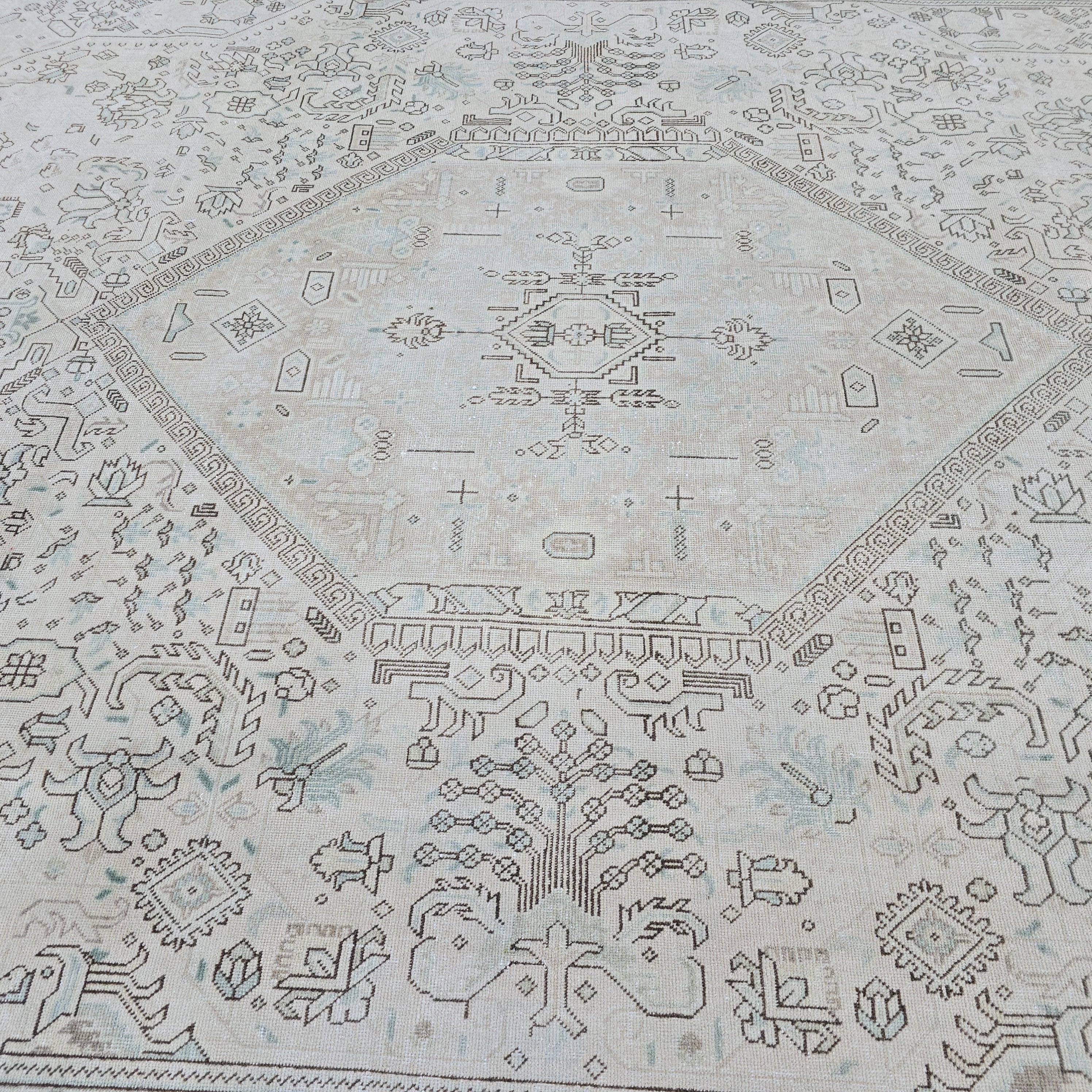 Neutral Anatolian Rug 9x12 Ivory Aqua Medallion Hand Knotted Vintage Wool