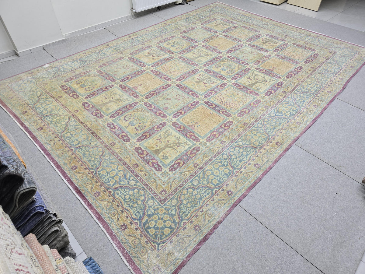 Vintage Rug 10x13 Antique 1910s Hand Knotted Wool Rug | Soft Blue Wheat Mauve | Living Room Dining Boho Decor