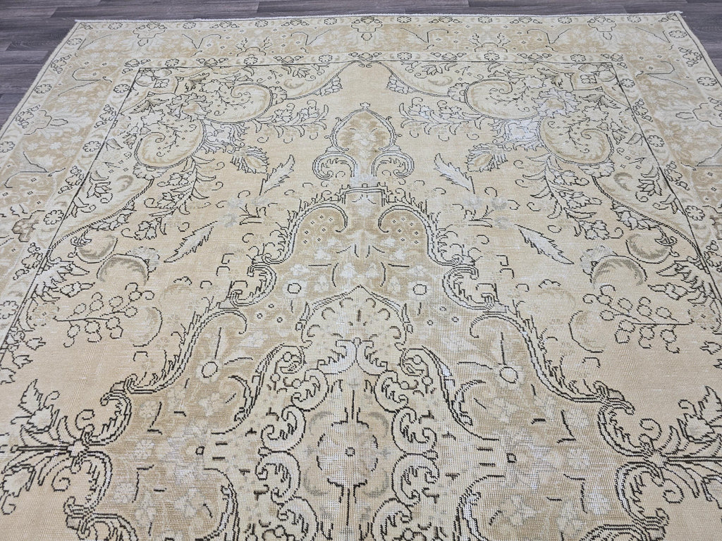 9x12 Oversized Vintage Oushak Rug: Distressed Tan Wool Medallion