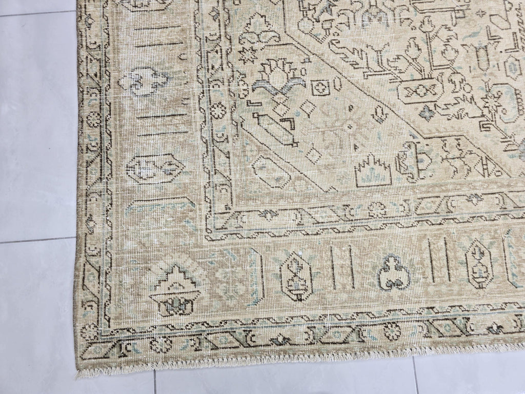 Oushak Rug 8x11, Faded Oatmeal Beige Turkish Area Rug with Soft Blue Accents, Hand Knotted Wool Carpet for Dining Room, Bedroom