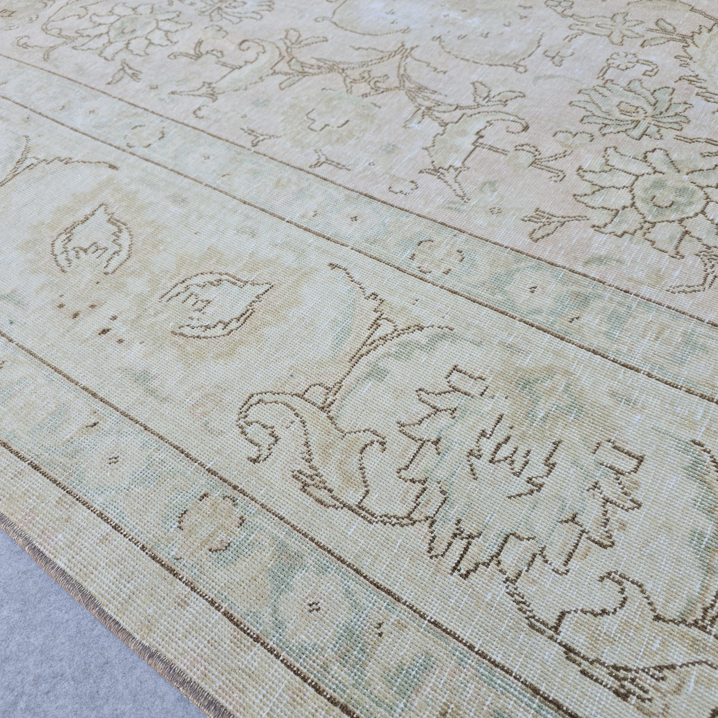 Turkish Rug 9x12 Soft Pink Beige Floral Vintage Hand Knotted Oushak Living Room Carpet