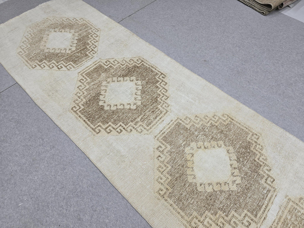 Oushak Rug 3x12, Distressed Neutral Runner, Hand Knotted Wool Turkish Runner, Faded Oatmeal Hallway Rug, Vintage Boho Stair Carpet