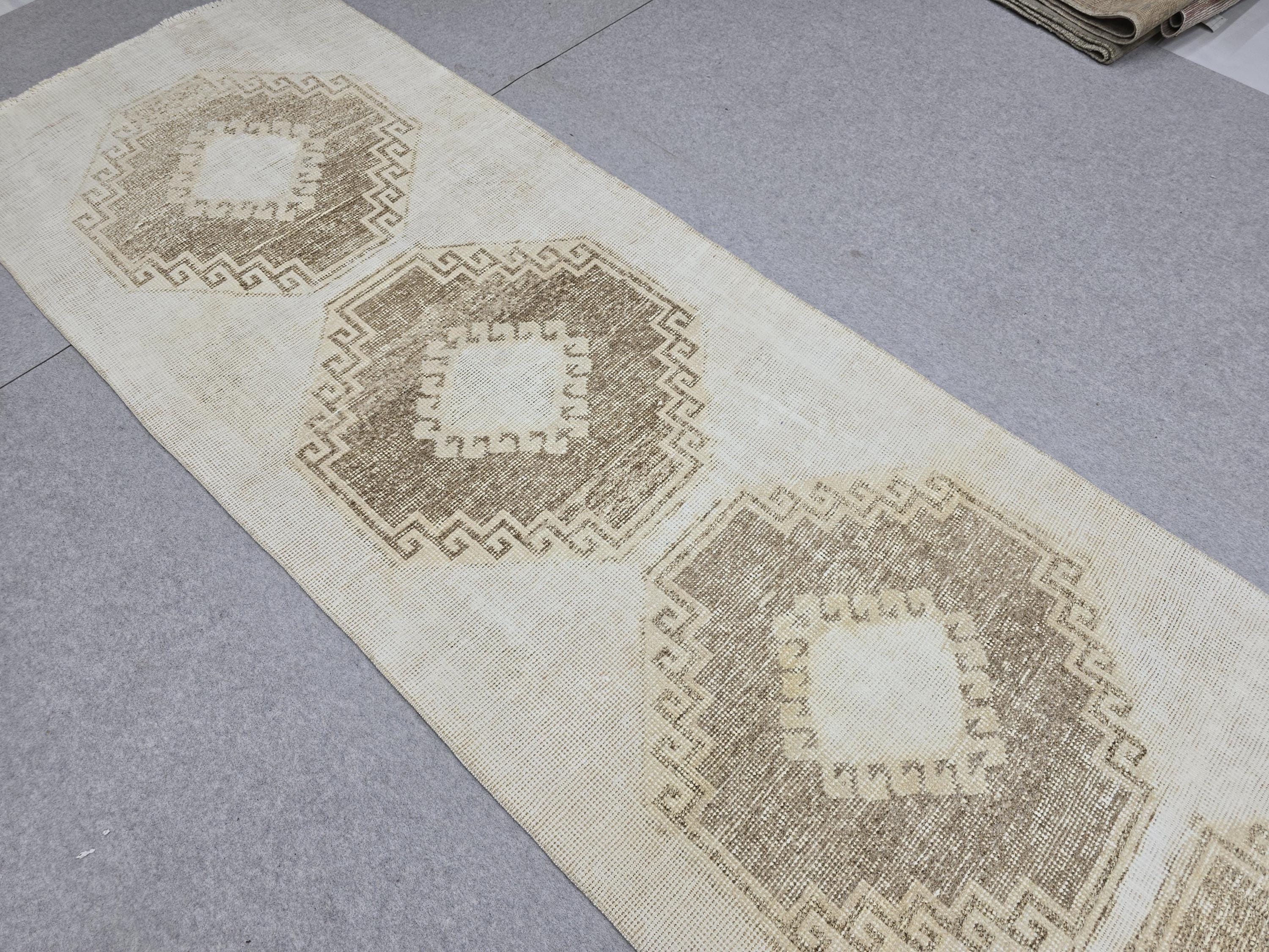 Oushak Rug 3x12, Distressed Neutral Runner, Hand Knotted Wool Turkish Runner, Faded Oatmeal Hallway Rug, Vintage Boho Stair Carpet