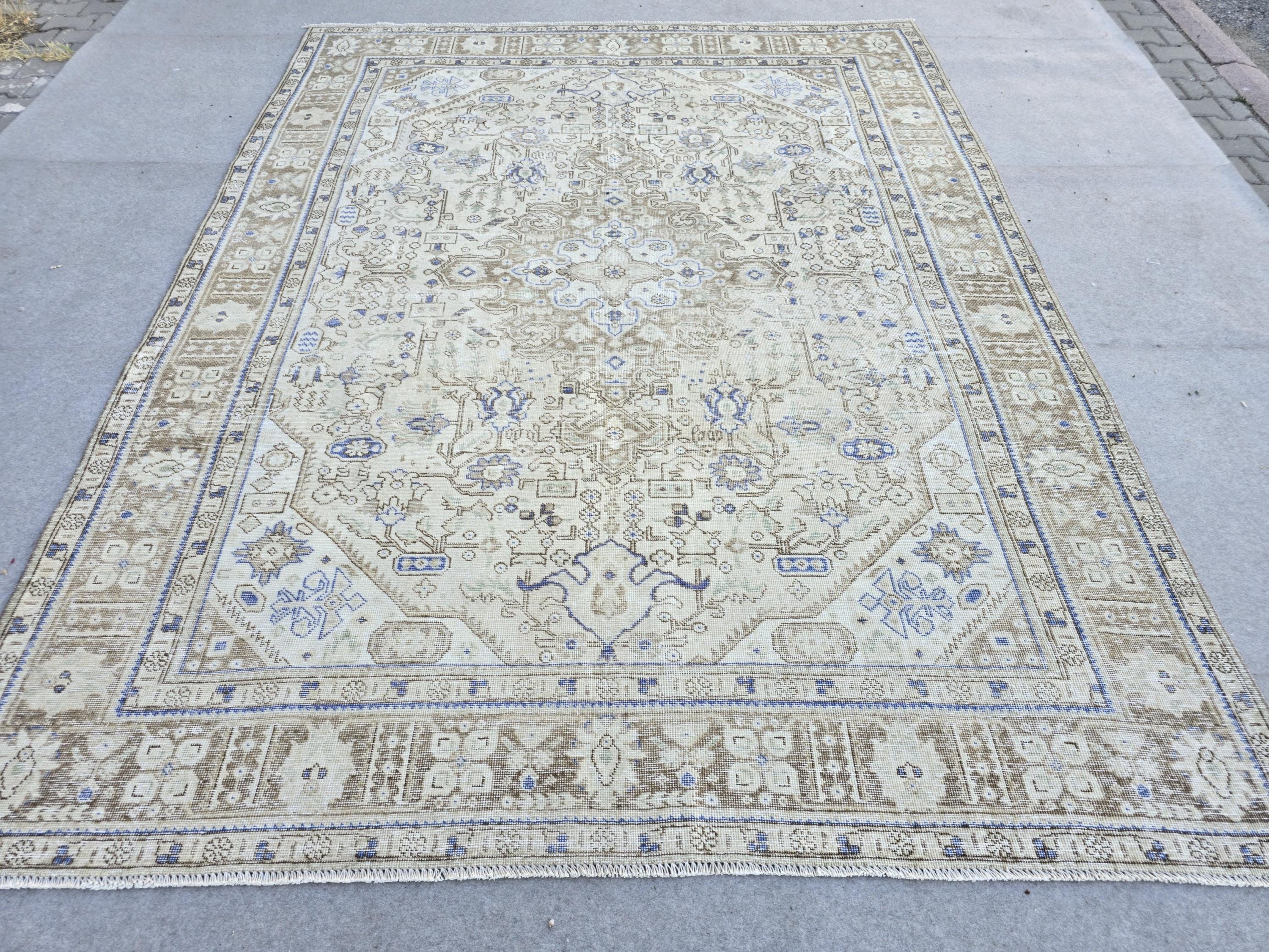 Oushak Rug 8x11, Vintage Turkish Rug, Blue Beige Area Rug, Hand Knotted Wool Rug, Faded Living Room Rug, Boho Neutral Carpet