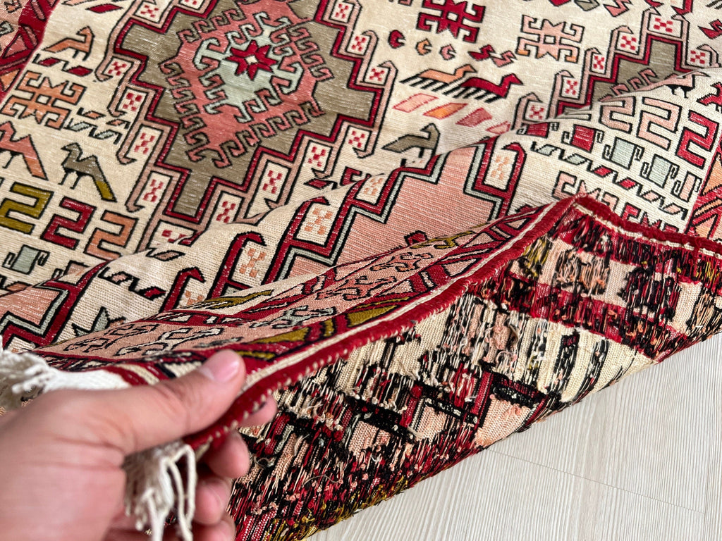 Hand Woven Silk Soumak Rug: Vintage Anatolian Animal Print (4x6)
