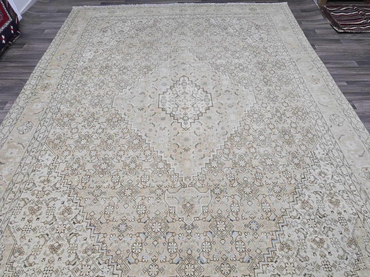 9x12 Vintage Turkish Oushak Rug: Neutral Wool Area Carpet