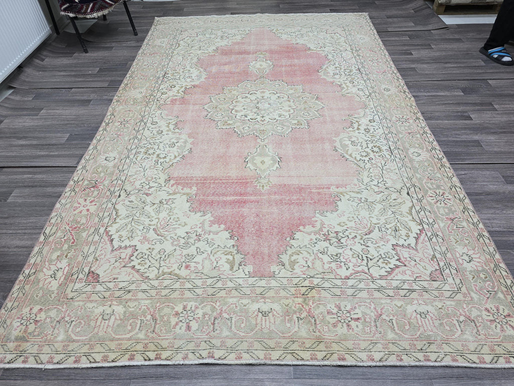 Pink Turkish Rug 7x11 Vintage Oushak Area Rug Distressed Medallion Living Room Large Carpet