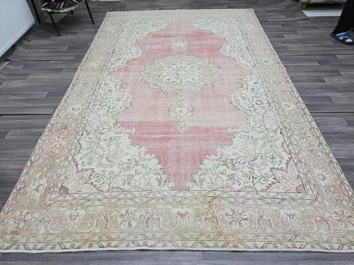 Pink Turkish Rug 7x11 Vintage Oushak Area Rug Distressed Medallion Living Room Large Carpet