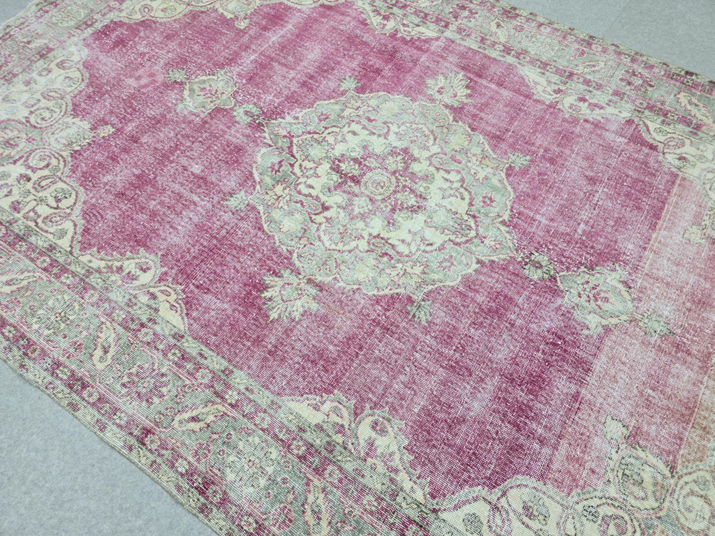 Vintage Turkish Oushak Rug: 7x11 Pink Floral Wool Carpet