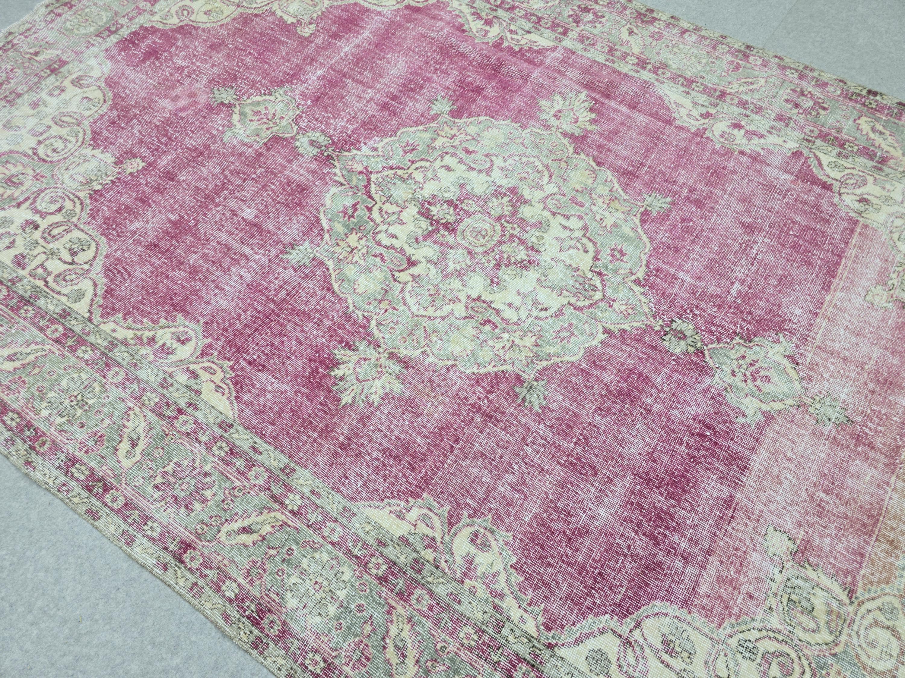 Vintage Turkish Oushak Rug: 7x11 Pink Floral Wool Carpet