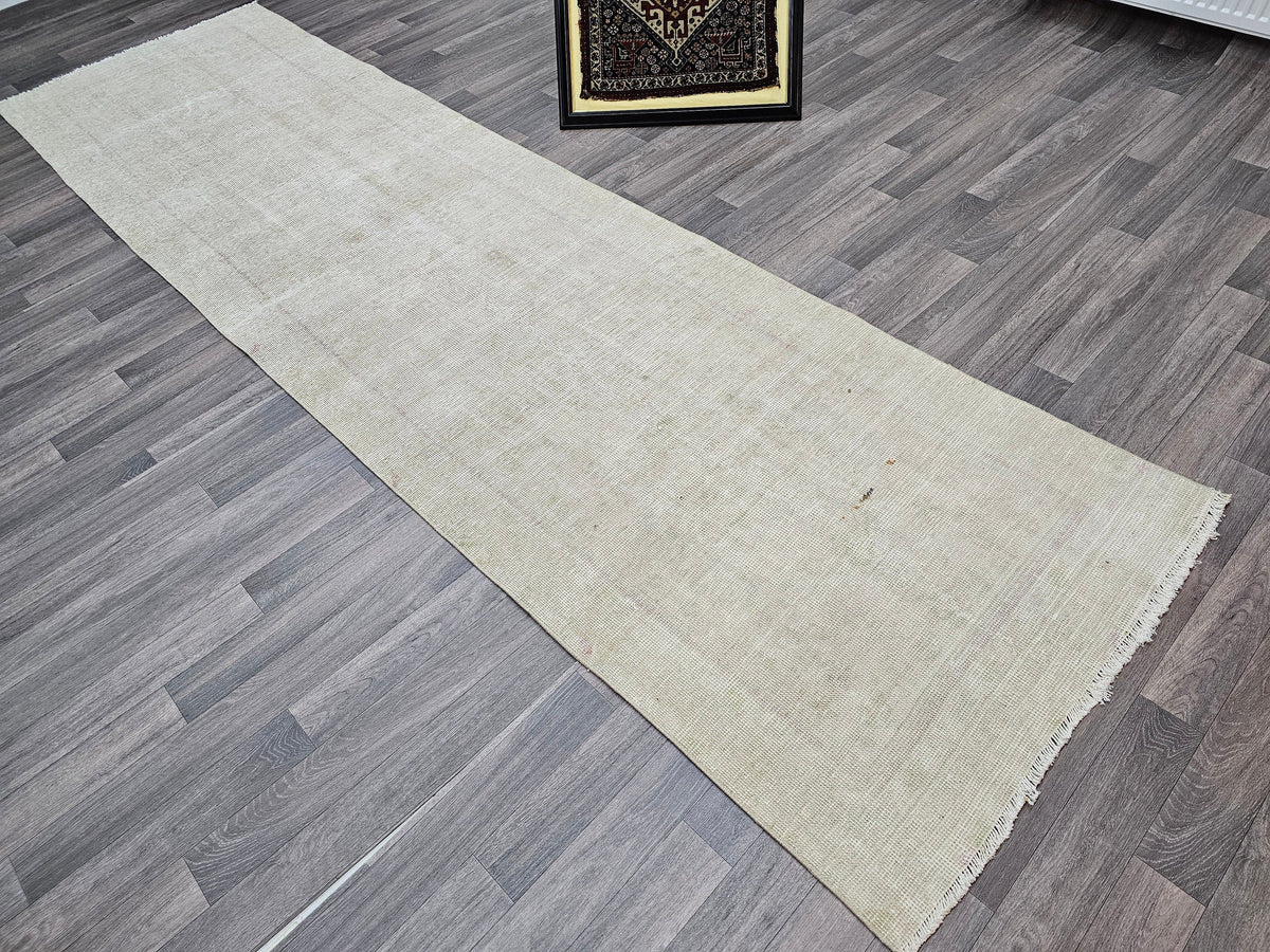 Neutral Turkish Oushak Runner Rug: Vintage Wool Hallway Carpet (3.30x11.90 feet)