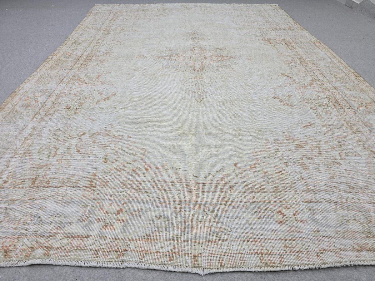 Turkish Wool Rug 7x10, Ivory Cream Medallion, Distressed Neutral Carpet