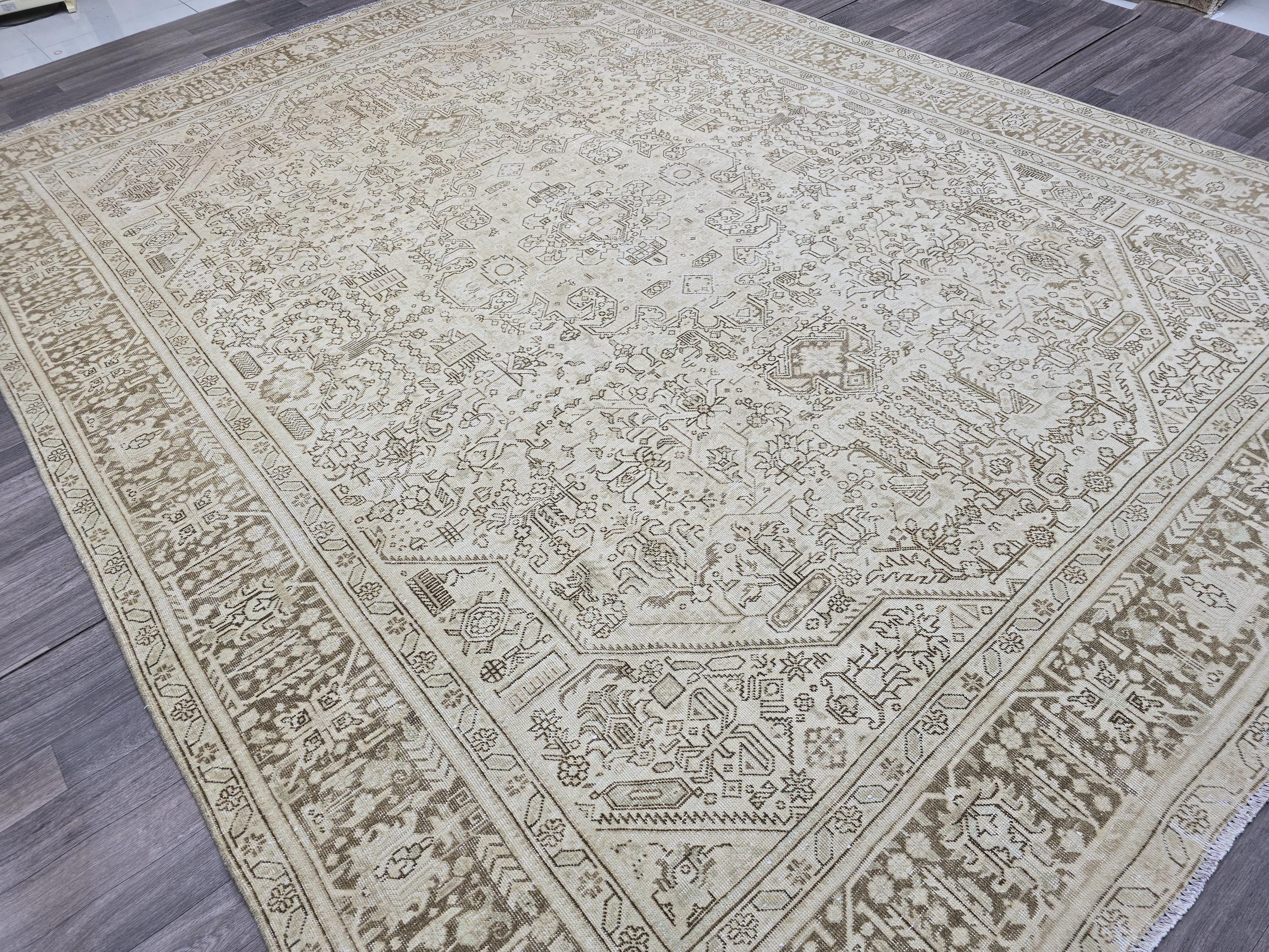 Large Vintage Turkish Oushak Rug: Handwoven Wool, Neutral Cream (9.3x12.4 ft)