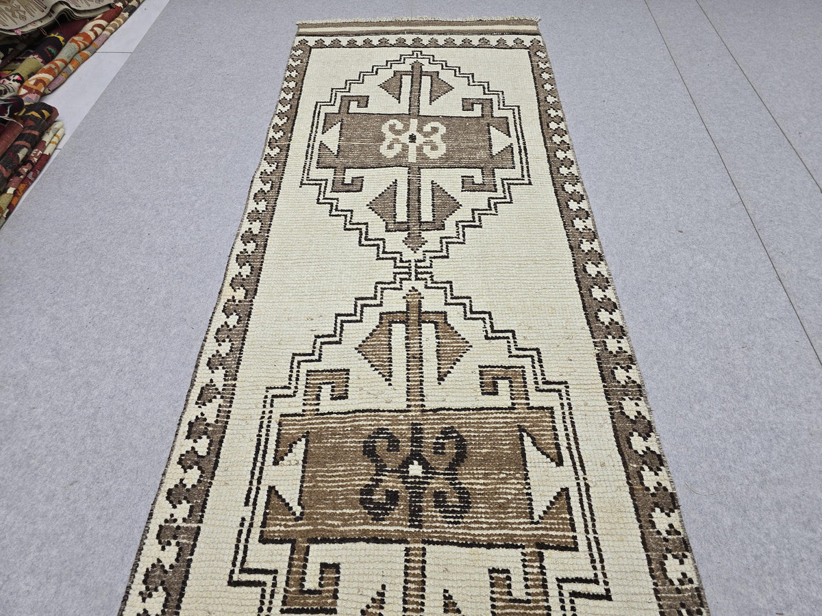 Wool Turkish Runner, Hand-Knotted Cream Brown Boho Hallway Rug
