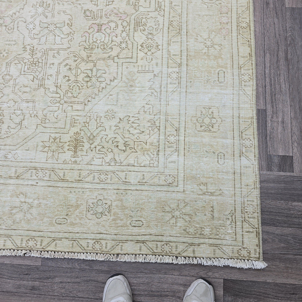 Oushak Rug 8x11: Neutral Vintage Turkish Wool Handmade Carpet, Beige Brown Geometric
