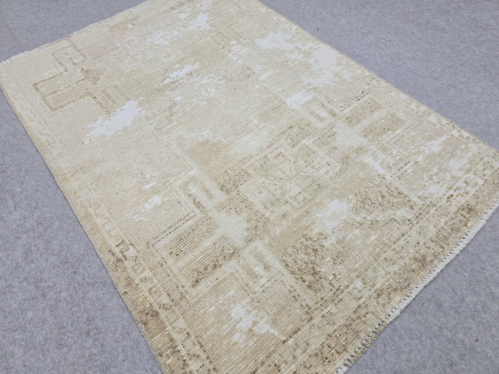 Vintage Rug 3x4, Small Distressed Neutral Rug, Hand Knotted Wool Oushak Accent Rug, Faded Beige Kitchen Mat, Boho Entryway Door Rug