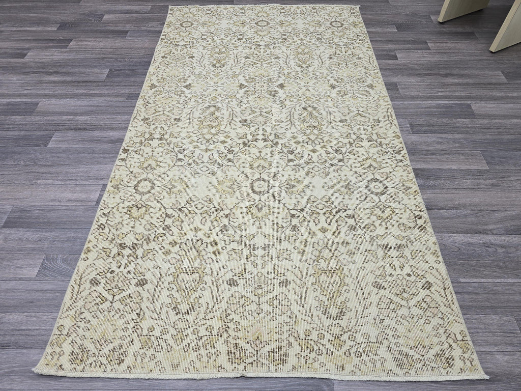 Vintage Turkish Oushak Runner Rug 4x7: Beige Wool Hallway Carpet