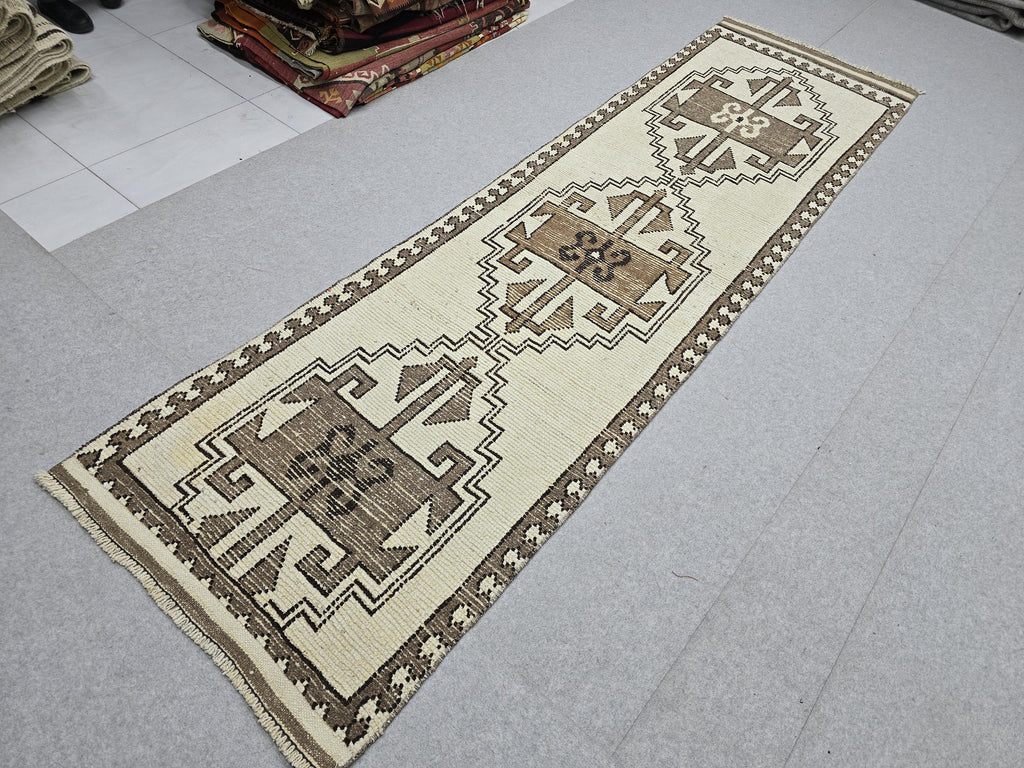 Wool Turkish Runner, Hand-Knotted Cream Brown Boho Hallway Rug