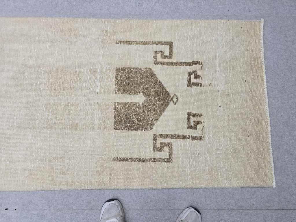 Oushak Rug 3x13, Minimalist Neutral Runner, Hand Knotted Wool Turkish Runner, Faded Oatmeal Hallway Rug, Vintage Boho Stair Carpet