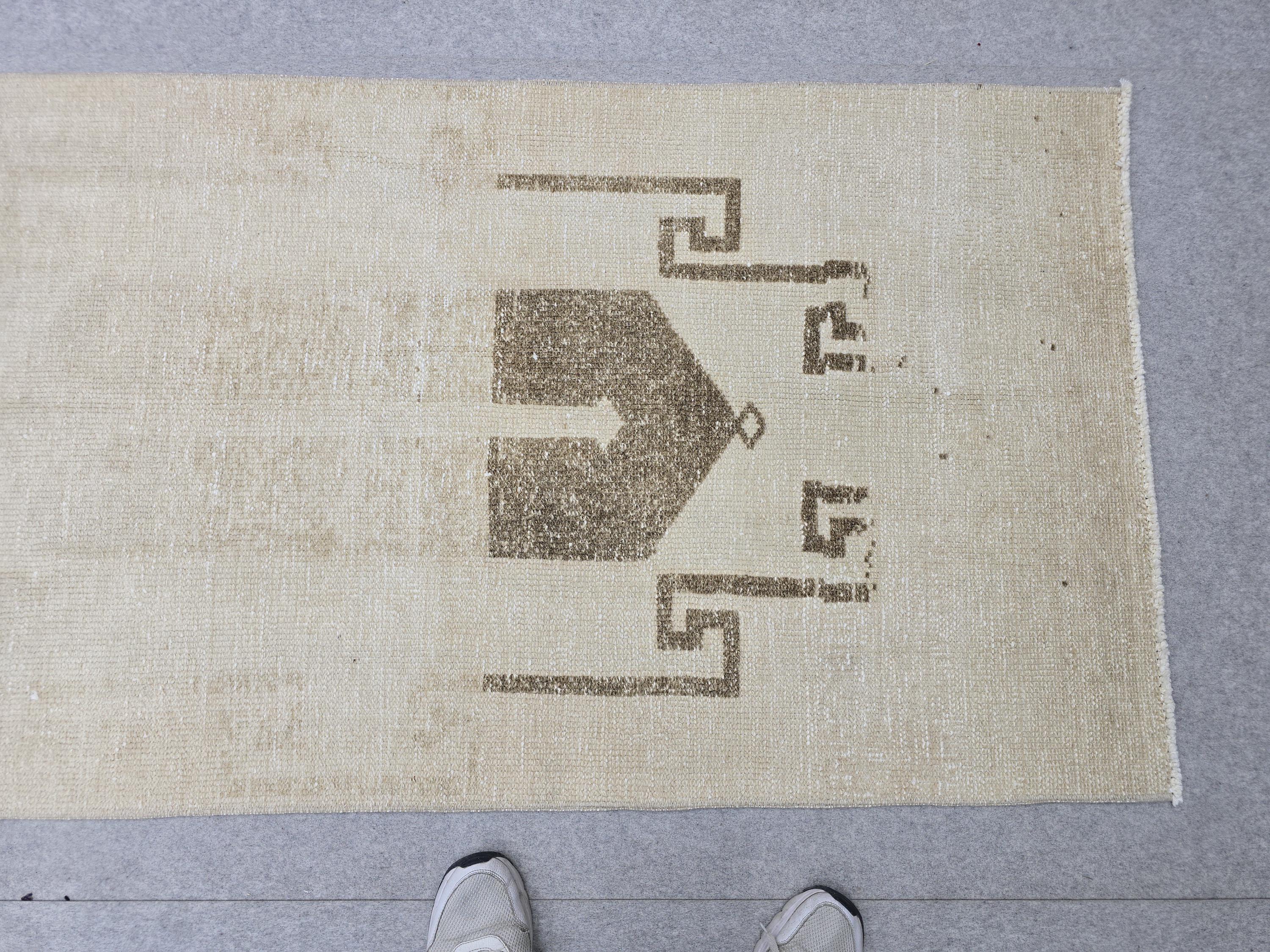 Oushak Rug 3x13, Minimalist Neutral Runner, Hand Knotted Wool Turkish Runner, Faded Oatmeal Hallway Rug, Vintage Boho Stair Carpet
