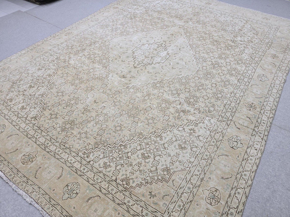 9x12 Oushak Rug | Muted Sand Beige Neutral Vintage Turkish Carpet | Hand Knotted Wool Area Rug for Living Room