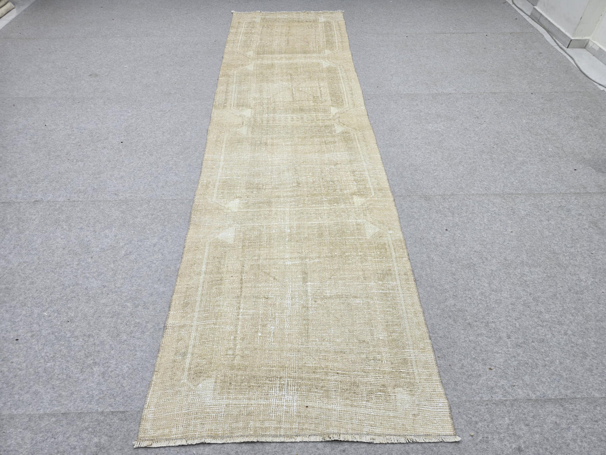 Turkish Runner Rug 3x11, Faded Oatmeal Hallway Runner, Vintage Wool Kitchen Runner Rug, Neutral Boho Corridor Rug for Entryway Decor