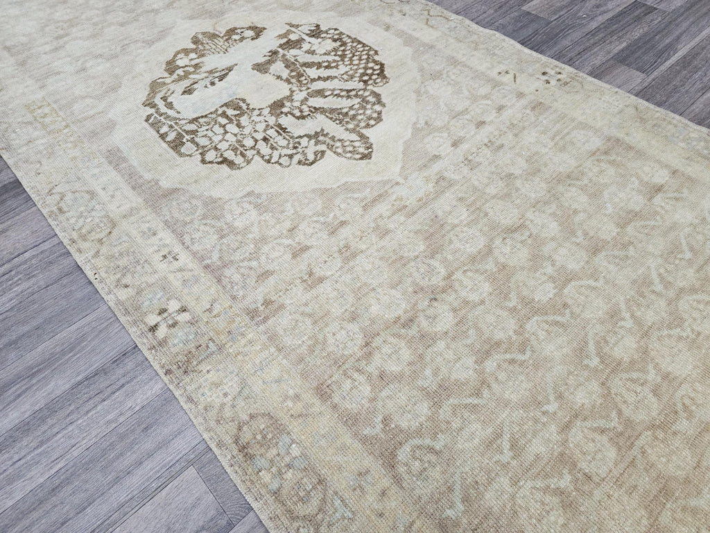 Hand Knotted Wool Oushak Runner: 4x13 Neutral Turkish Vintage Rug