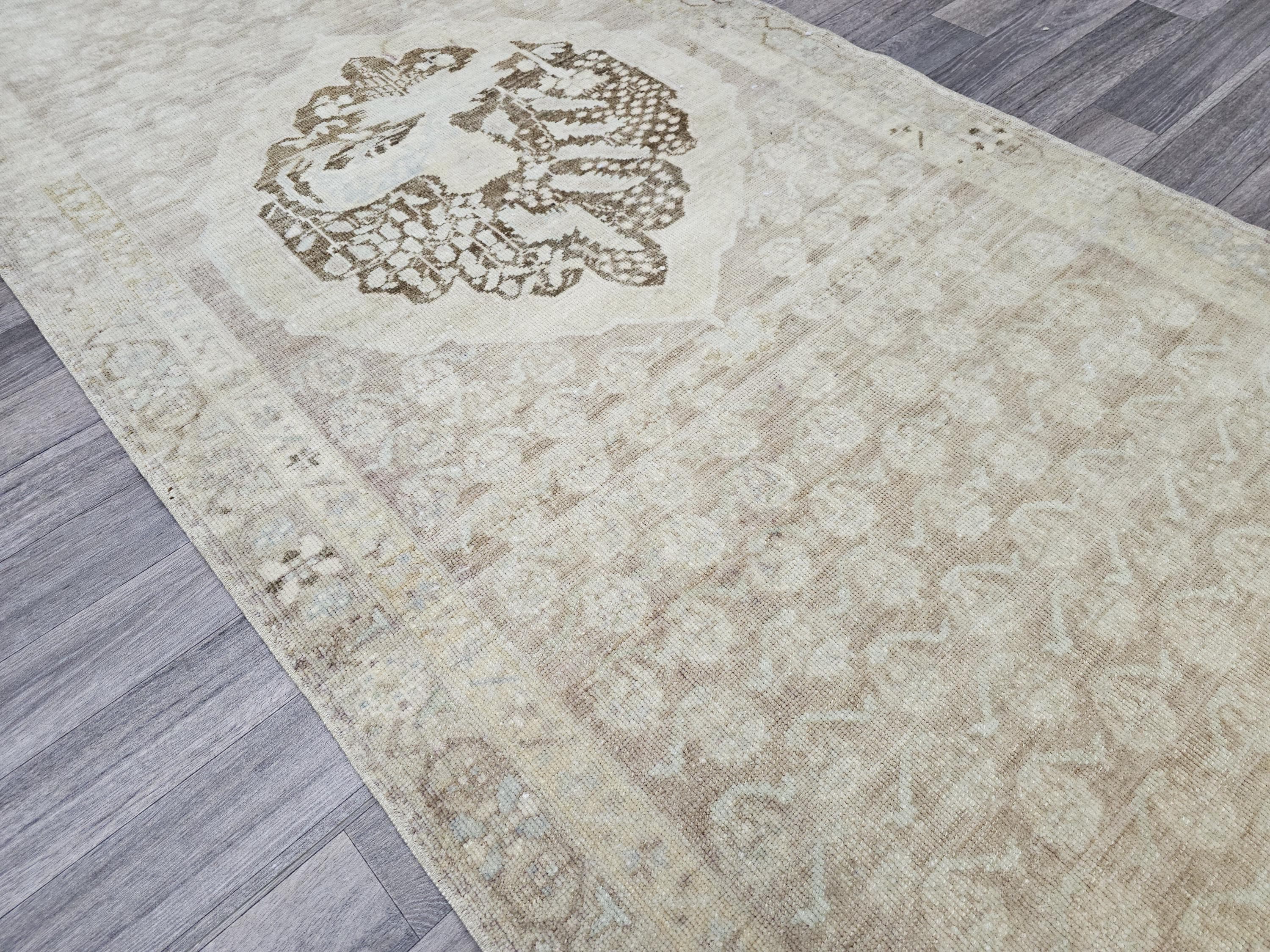 Hand Knotted Wool Oushak Runner: 4x13 Neutral Turkish Vintage Rug