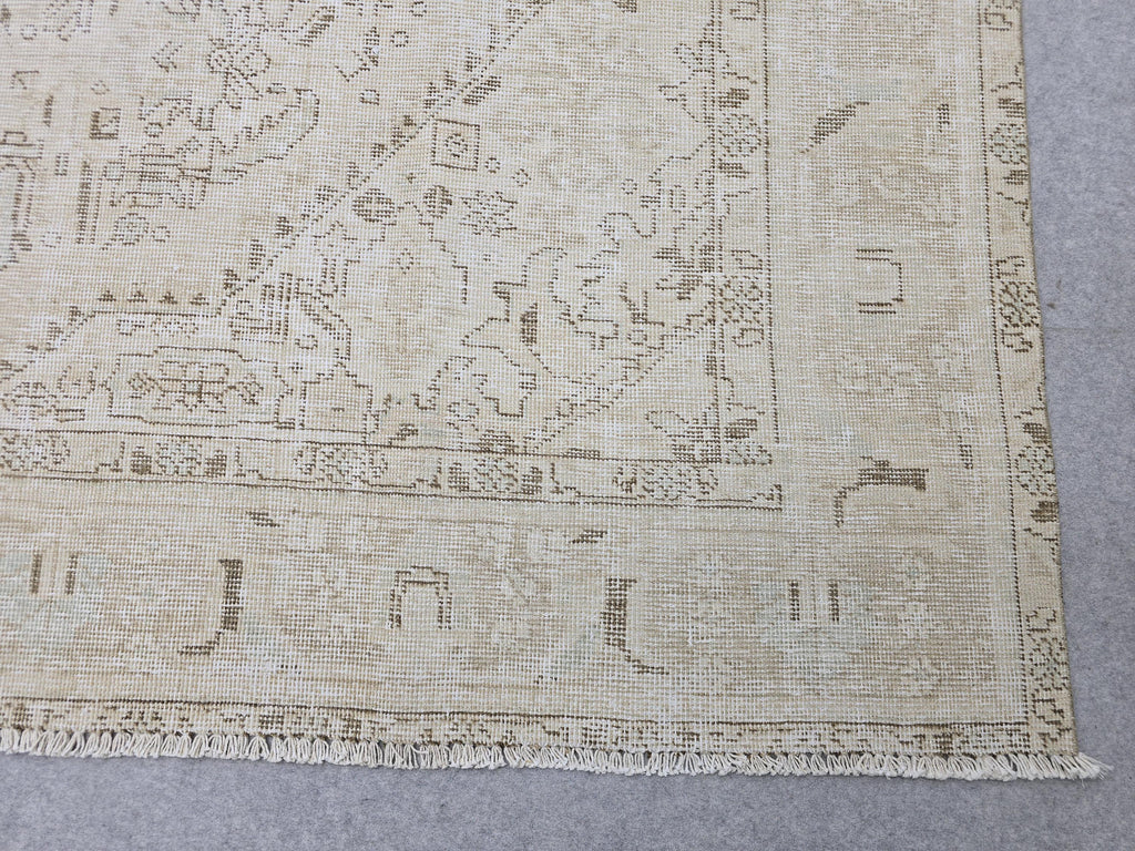 Oushak Rug 9x13, Muted Cream Beige Vintage Turkish Area Rug, Handknotted Wool Medallion Carpet for Living Room