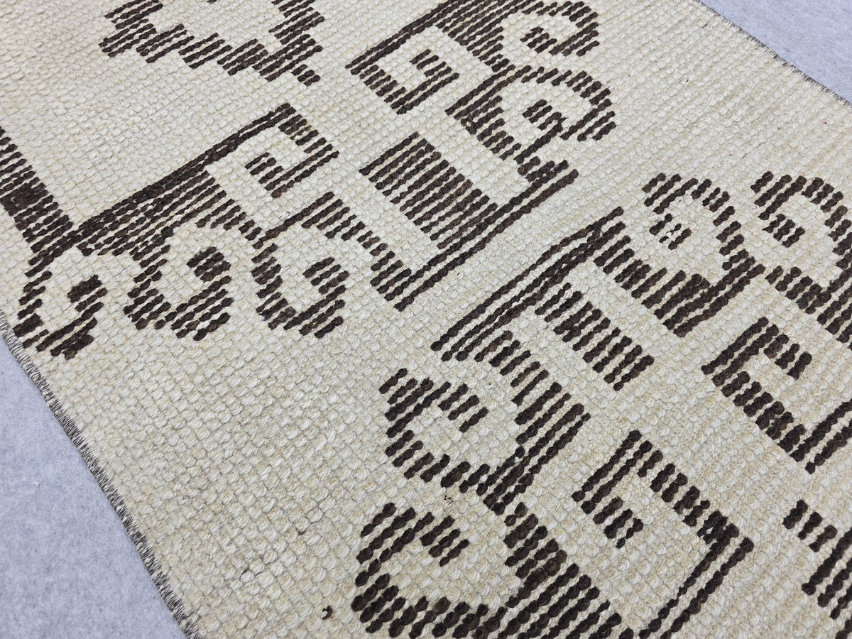 Vintage Rug 2x11 Runner, Hand Woven Herki Wool Hallway Runner, Cream Beige Tribal Anatolian Long Runner, Boho Farmhouse Kitchen Runner