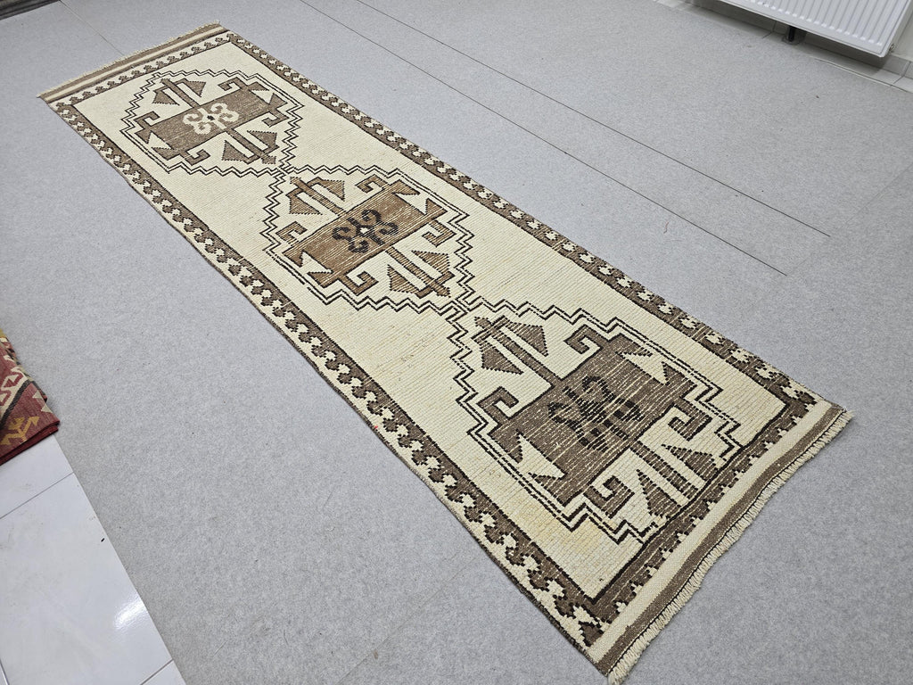 Wool Turkish Runner, Hand-Knotted Cream Brown Boho Hallway Rug
