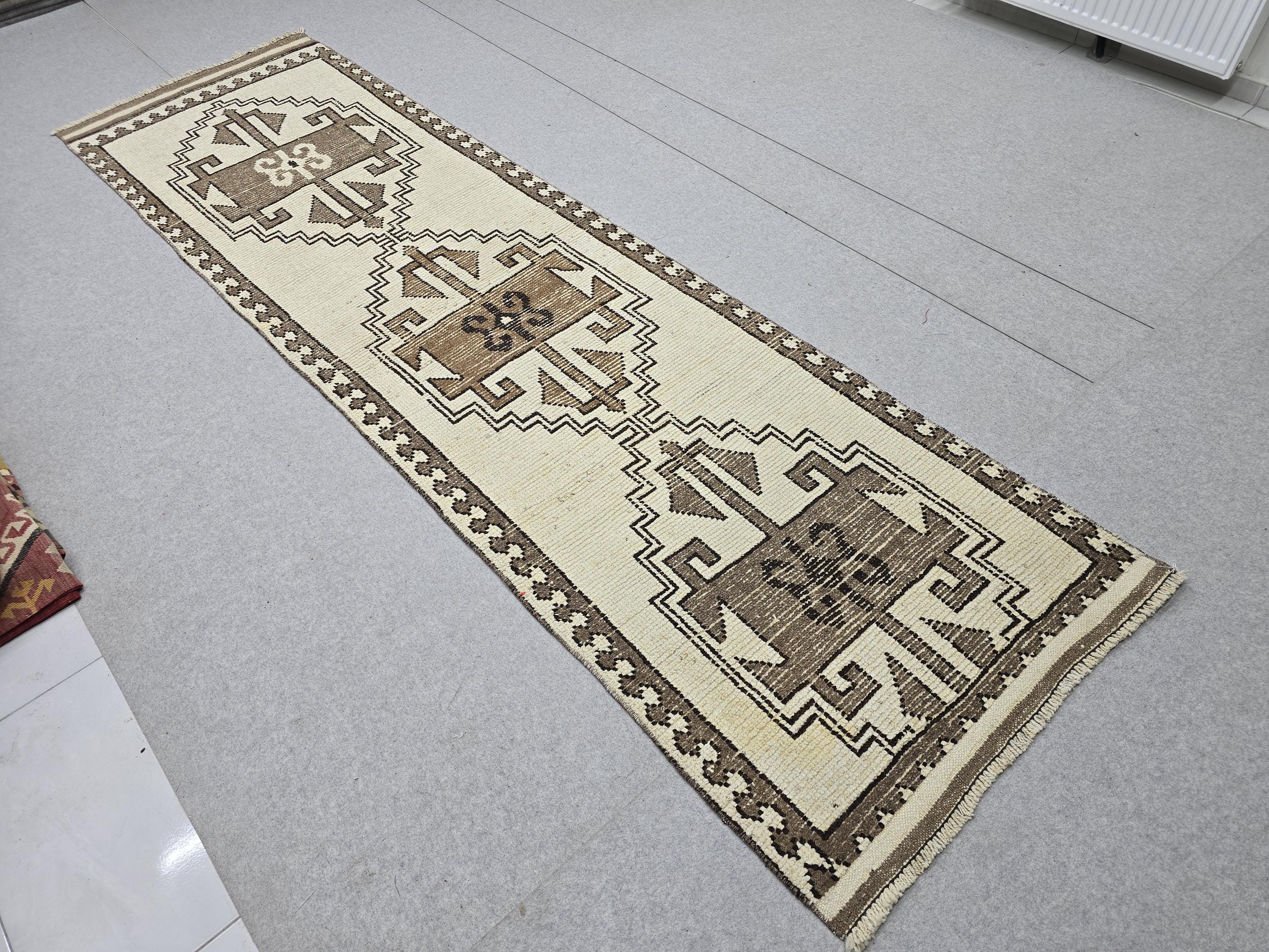 Wool Turkish Runner, Hand-Knotted Cream Brown Boho Hallway Rug