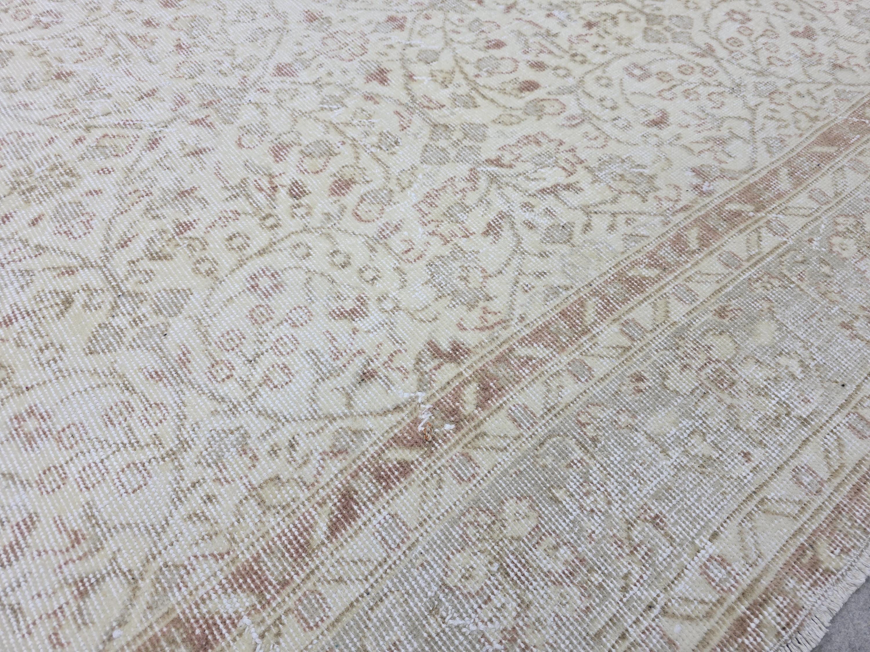 Handknotted Oushak Wool Rug 7x10, Cream Terracotta Floral Turkish Carpet