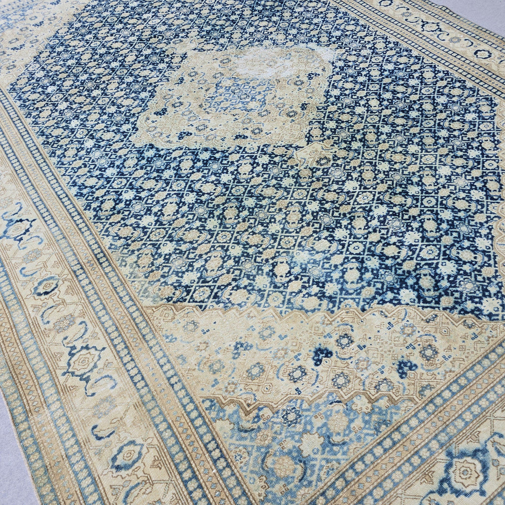 Wool 9x12 Oushak Rug -  Hand Knotted Wool Turkish Area Carpet Geometric Beige Blue
