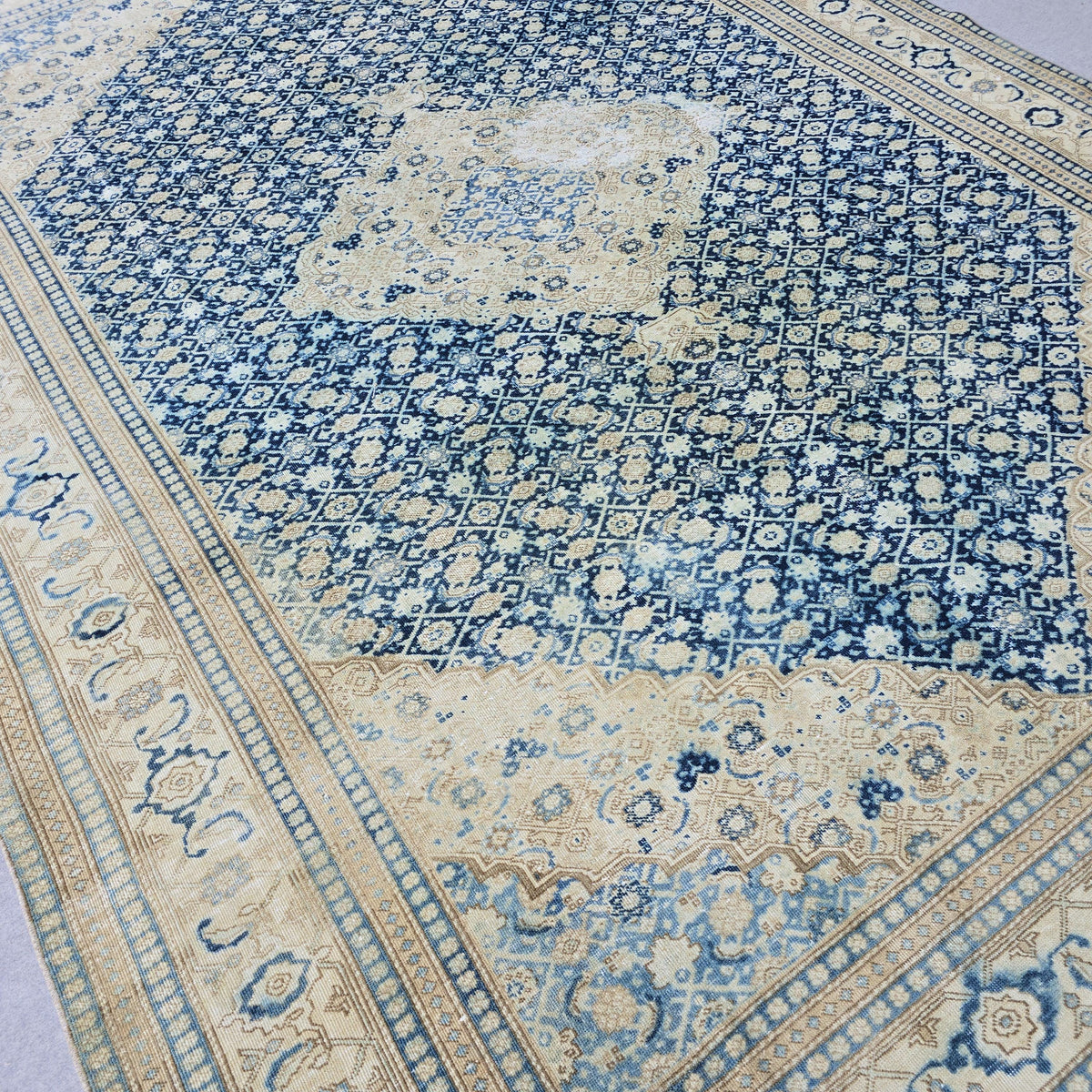 Wool 9x12 Oushak Rug -  Hand Knotted Wool Turkish Area Carpet Geometric Beige Blue