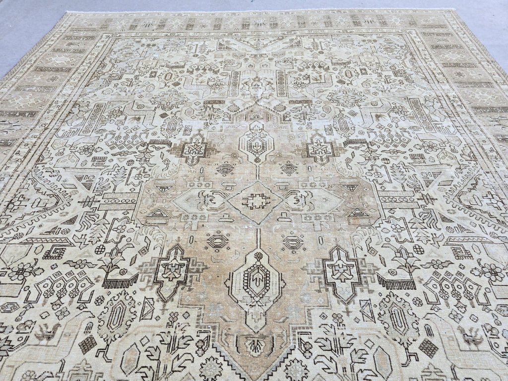 Turkish Rug 10x12, Faded Neutral Tribal Area Rug, Distressed Vintage Wool Carpet, Beige All Over Geometric, Boho Living Room